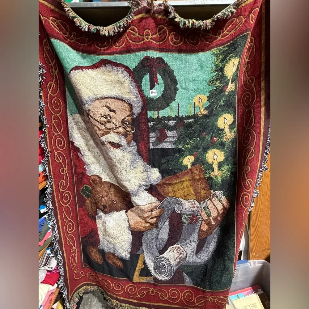 #3545-Holiday Santa Throw Blanket - Red/Green Christmas Decor